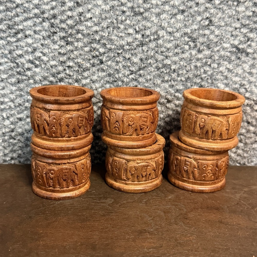 Napkin rings carved wood Elephant India Medium wood color Set of 6 Boho